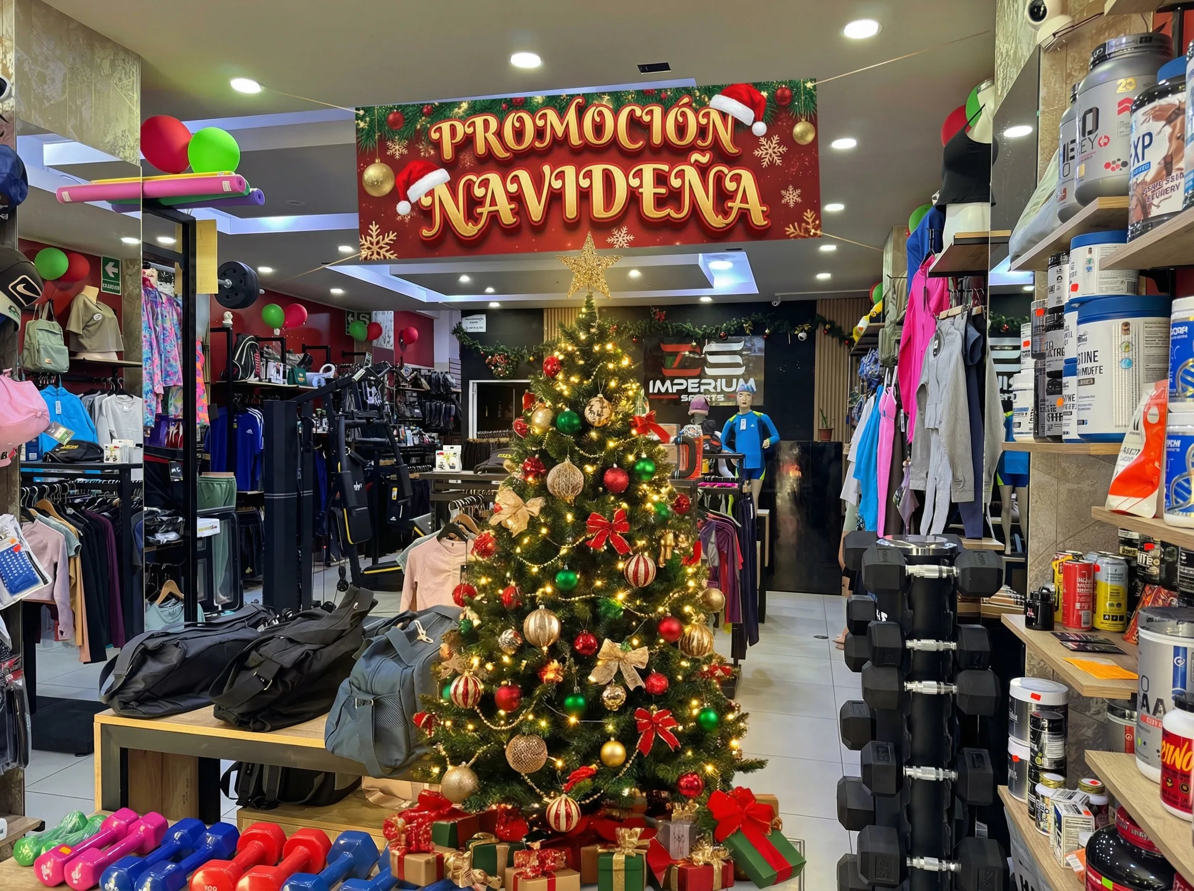 Interior de la tienda Imperium Sports decorado para Navidad. En el centro destaca un árbol navideño iluminado rodeado de regalos, bajo un gran cartel rojo colgante que dice "Promoción Navideña". En primer plano se exhiben mancuernas de colores, bolsos deportivos negros y estantes con suplementos nutricionales y ropa deportiva.
