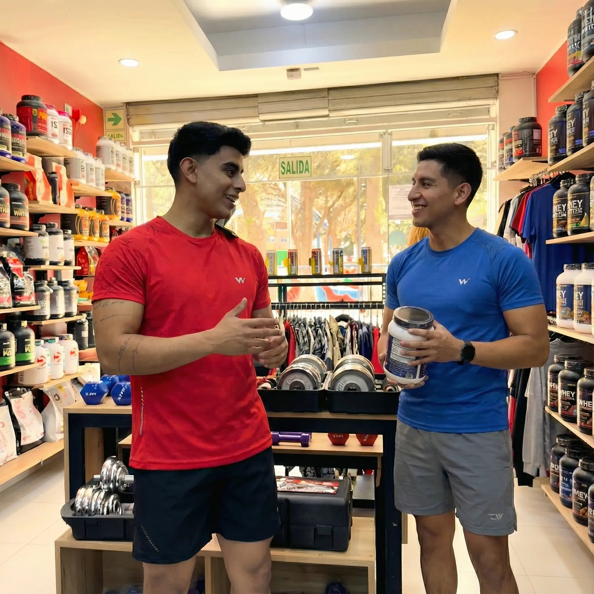 Dos hombres atléticos conversan sonrientes en el interior de una tienda de nutrición deportiva. El hombre de camiseta azul sostiene y mira un bote grande de proteína en polvo, mientras el hombre de camiseta roja le habla gesticulando. Están rodeados de estanterías repletas de diversos suplementos y un expositor central con mancuernas.
