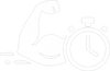 Icono blanco de un brazo musculoso flexionado junto a un cronómetro, representando resultados rápidos, resistencia o potencia duradera en el entrenamiento.