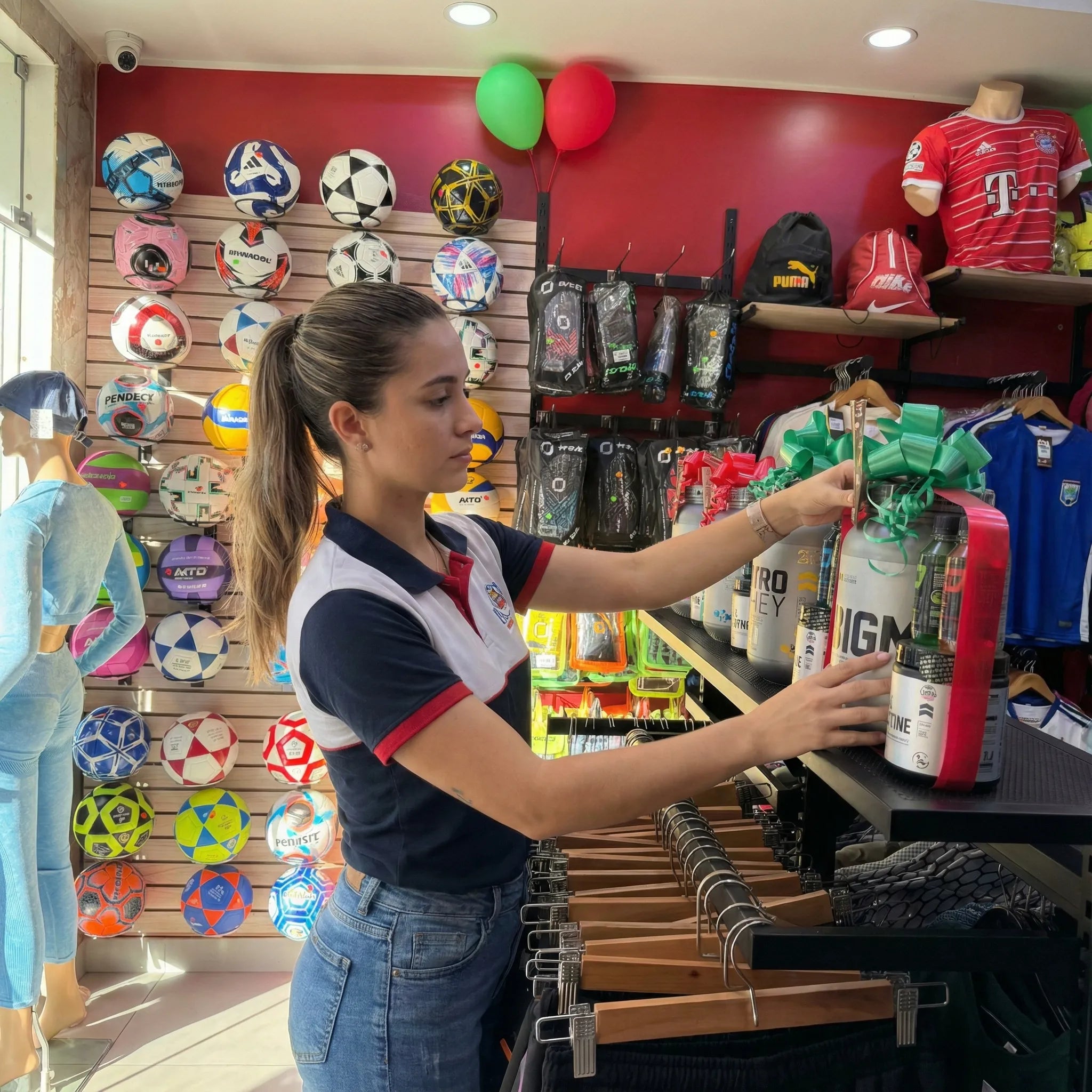 Mujer joven en el interior de una tienda deportiva organizando un pack de regalo de suplementos decorado con un lazo verde sobre un estante. Al fondo se observa una pared exhibidora llena de balones de fútbol y voleibol de colores, junto a camisetas y accesorios deportivos colgados.